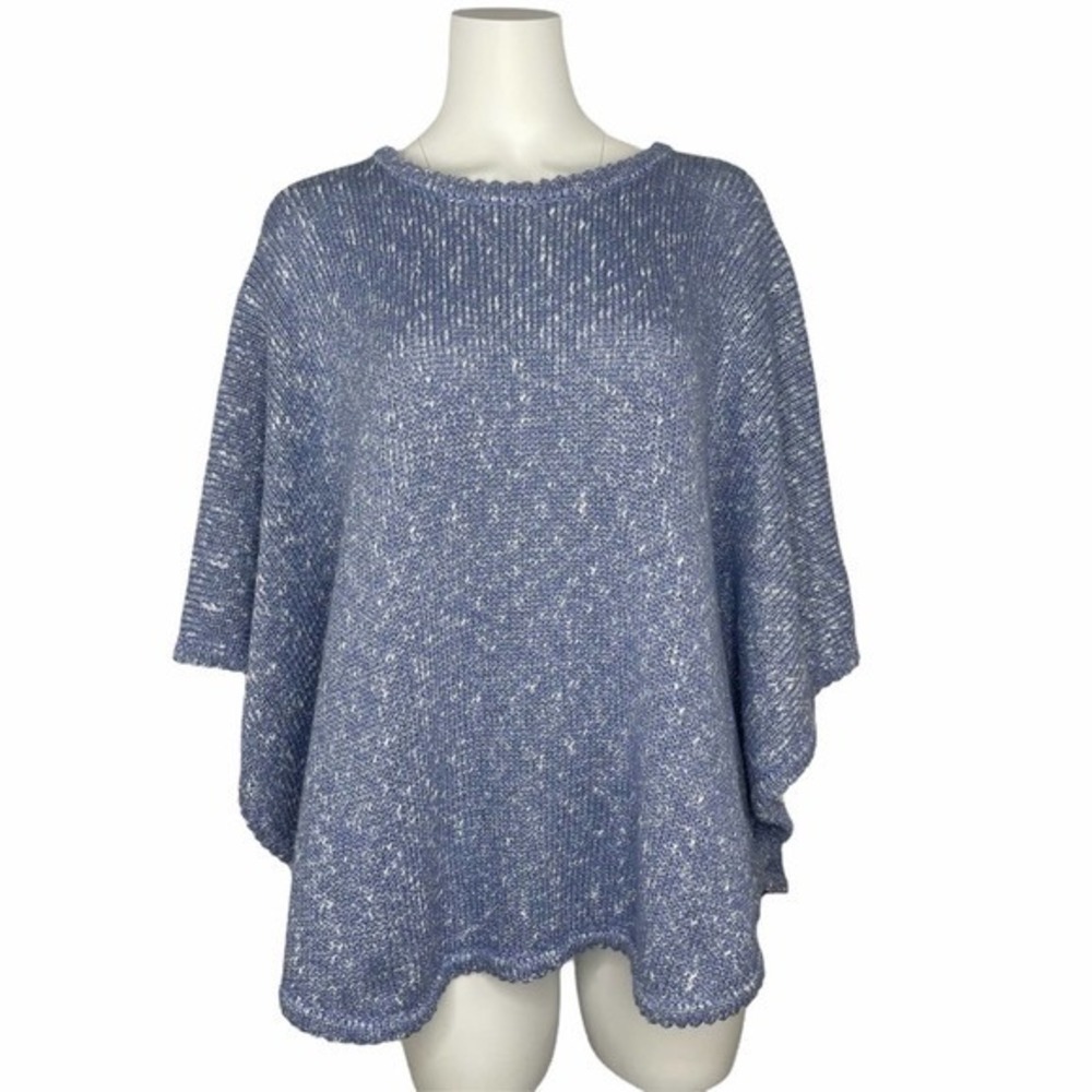 Chicos Blue Metallic Knit Poncho Sweater Oversized Shimmer Wrap L/XL h5